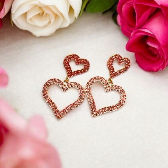 Pink Rhinestone Double Heart Gold Tone Dangle Earrings - Picture 2 of 2